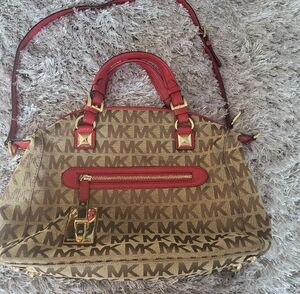 Michael Kors Brown MK Monogram Satchel with Red Trim